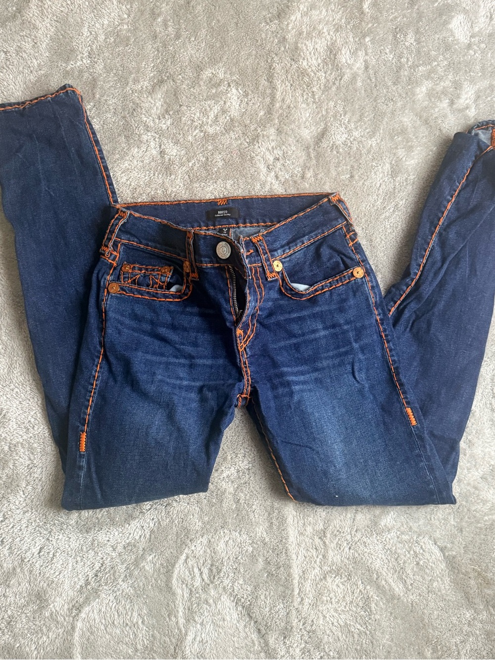 True Religion Dark Blue Skinny Jeans with Orange Stitching